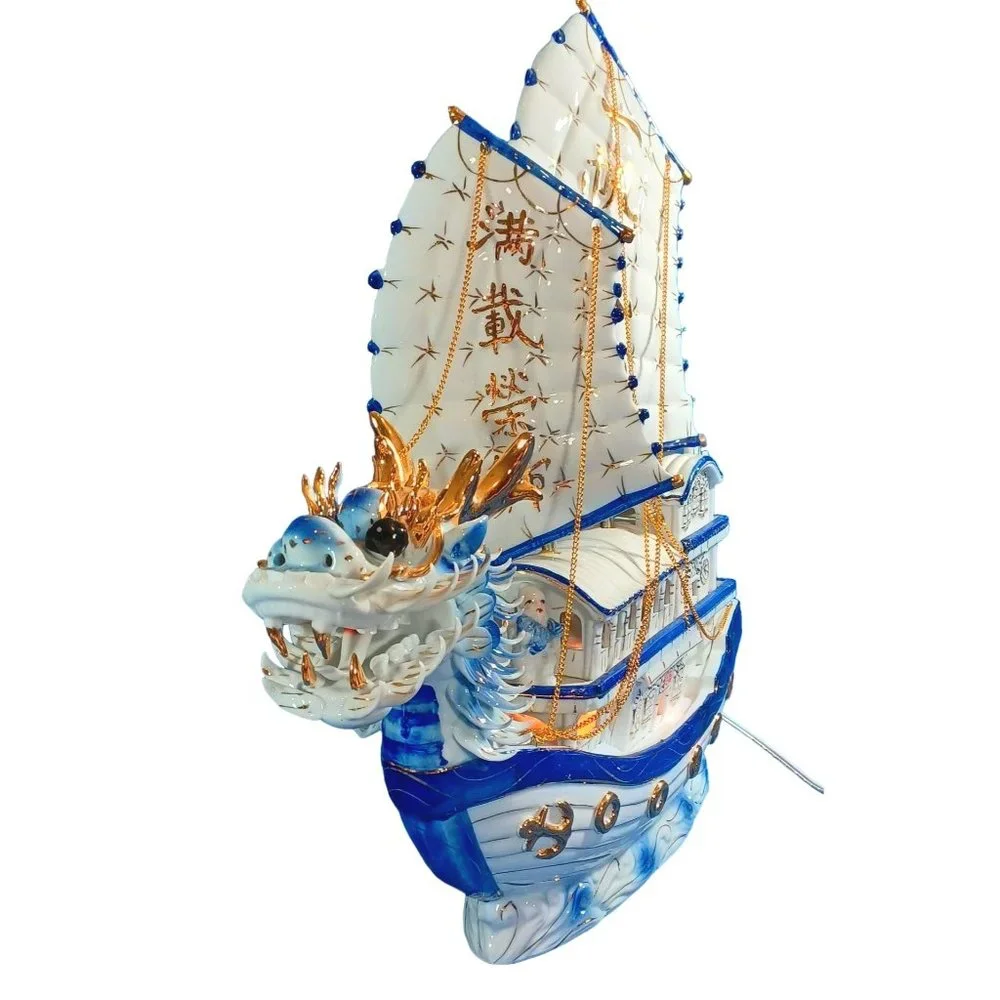 Chinese Porcelain Dragon Boat  Ship Lighted Sculpture TV  Lamp  24K Gold Vintage - Picture 12 of 16